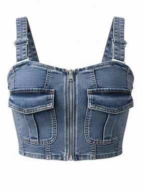 Denim Corset Top Cargo Pocket Zip Front Y2K Festival Crop XL 40” Bust